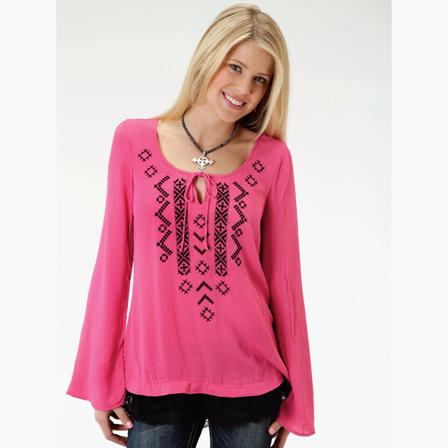 Karman Women's Pink And Black Aztec Long Sleeve Shirt 1 Karman Women's Pink And Black Aztec Long Sleeve Shirt