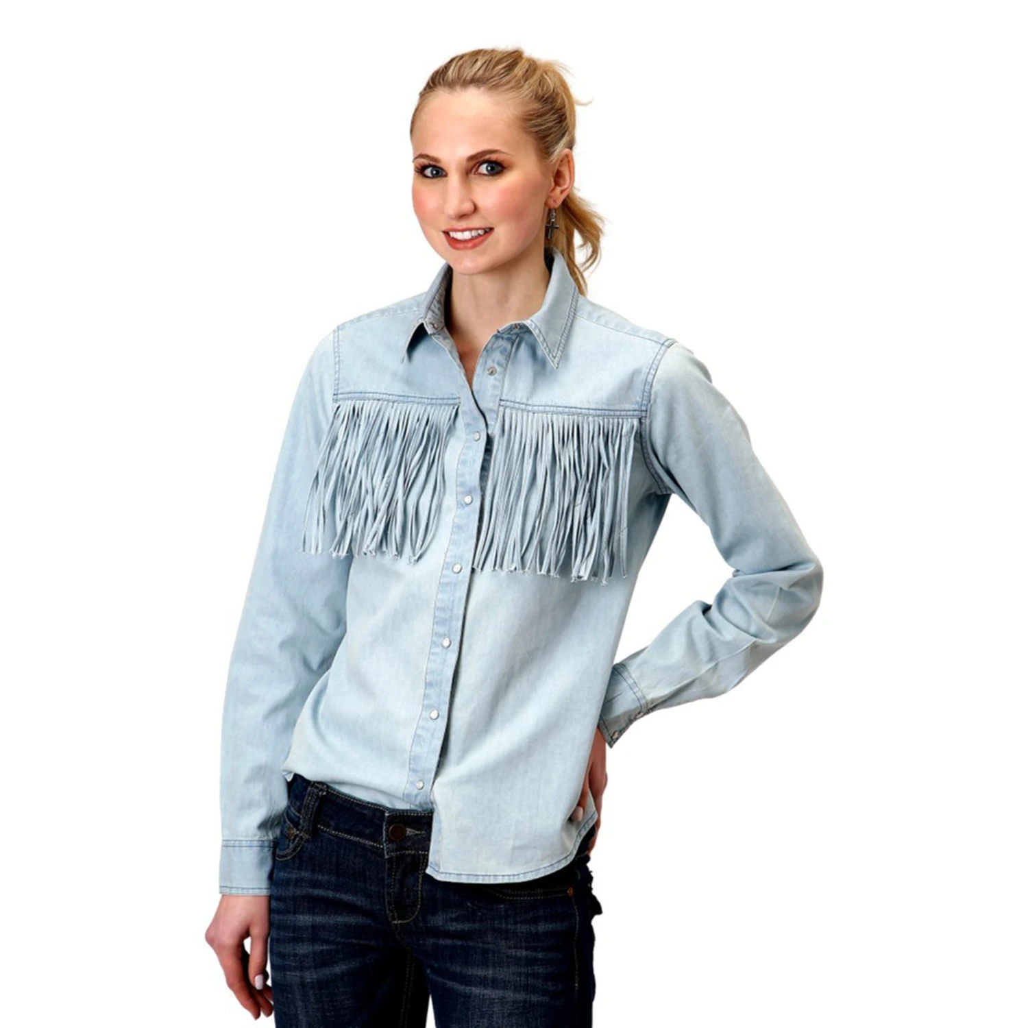 Roper Women's Self Fringe Western Denim Shirt 1 Roper Women's Self Fringe Western Denim Shirt