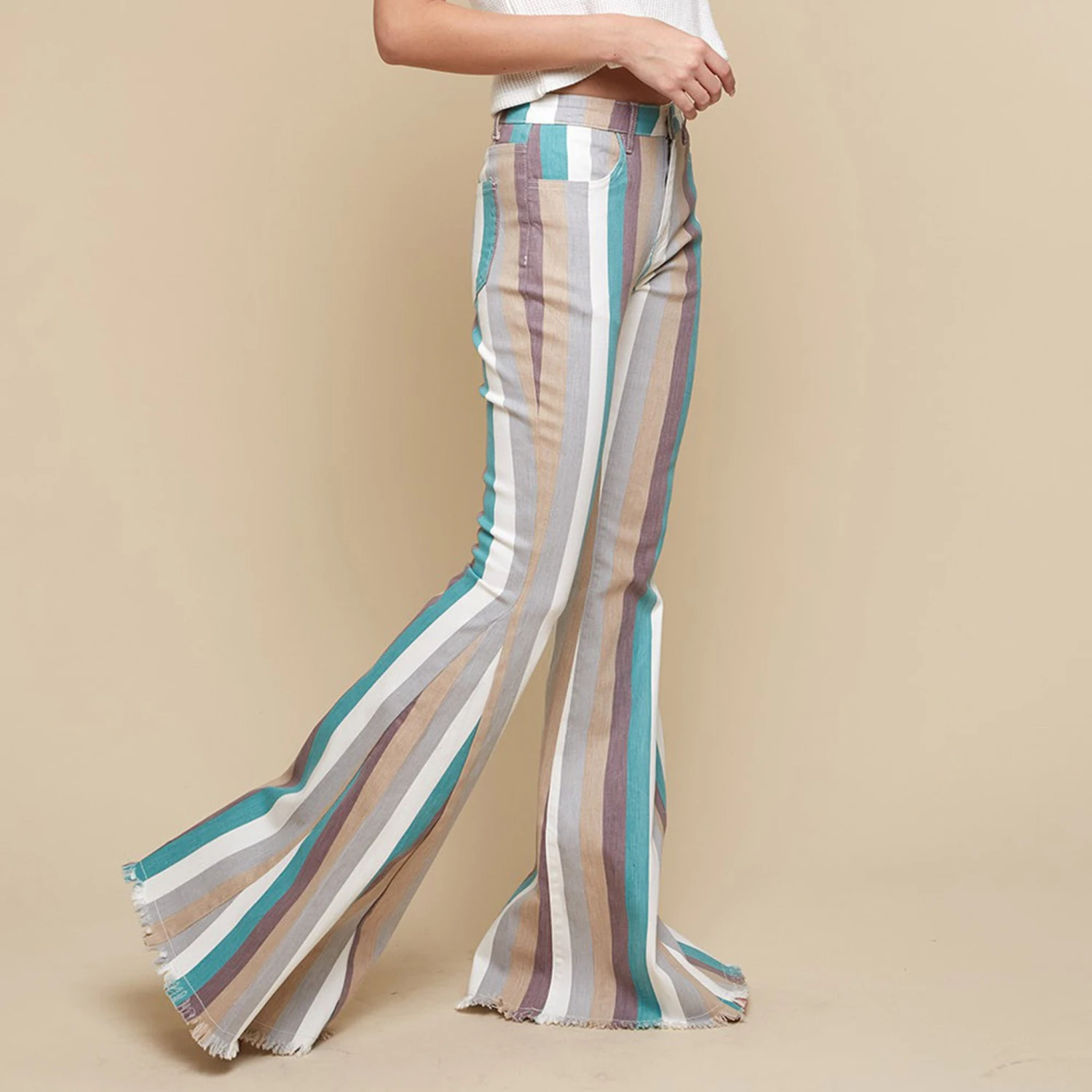 Turquoise Multi Striped Flare Jeans 2 Turquoise Multi Striped Flare Jeans - Image 2