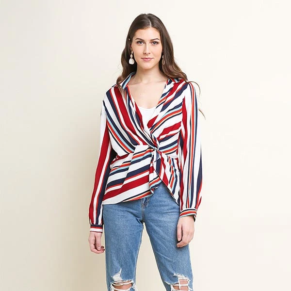 Women's Red, White And Navy Striped Long Sleeve V Neck Shirt 2 Women's Red, White And Navy Striped Long Sleeve V Neck Shirt - Image 2