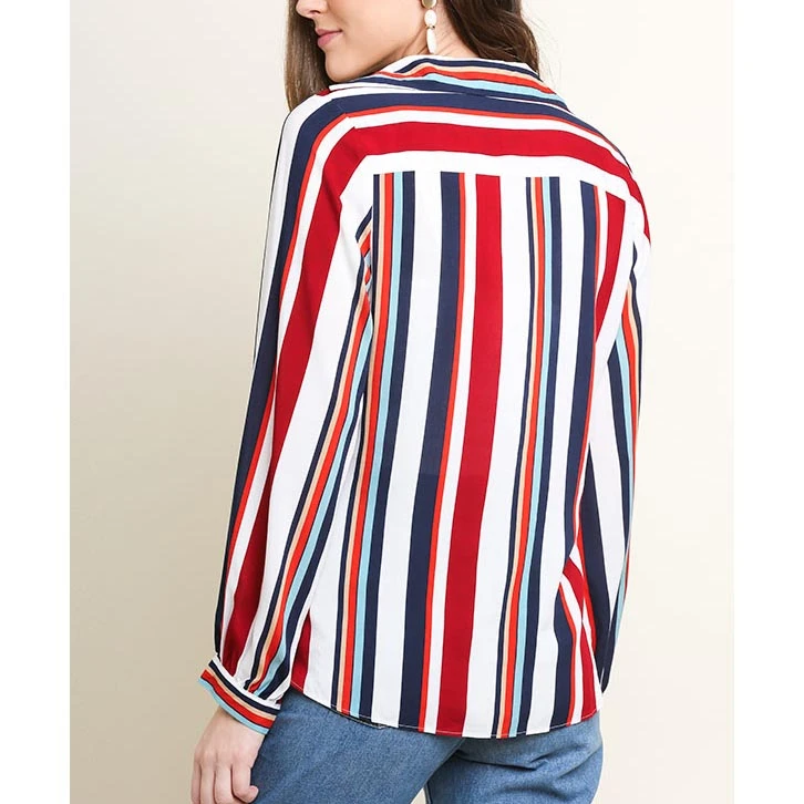 Women's Red, White And Navy Striped Long Sleeve V Neck Shirt 4 Women's Red, White And Navy Striped Long Sleeve V Neck Shirt - Image 4