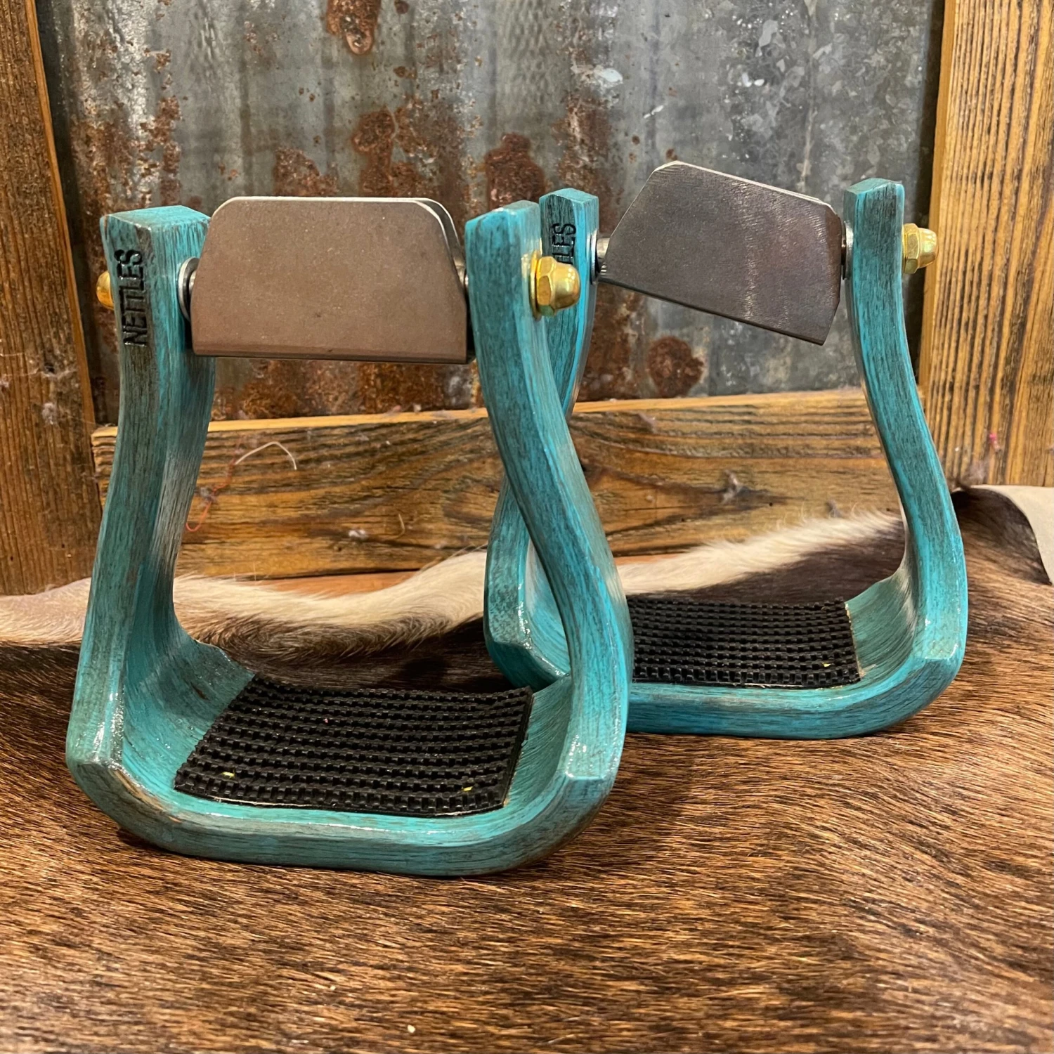 Nettles Stirrups 3" Distressed Turquoise W/Leveler 1 Nettles Stirrups 3" Distressed Turquoise W/Leveler