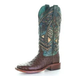 Corral Boots Corral Brown And Turquoise Ostrich Embroidery Stud Boots