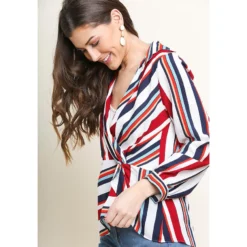 Women's Red, White And Navy Striped Long Sleeve V Neck Shirt