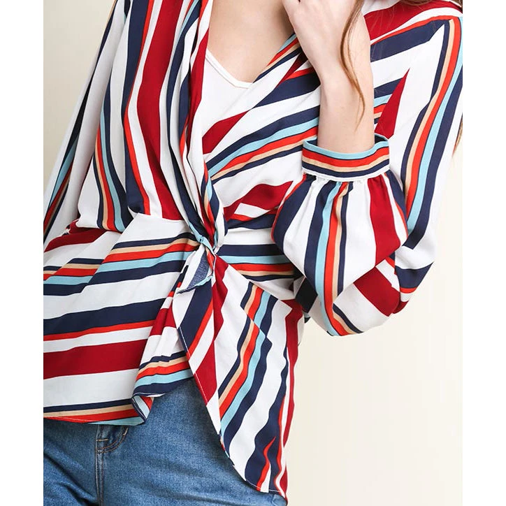 Women's Red, White And Navy Striped Long Sleeve V Neck Shirt 3 Women's Red, White And Navy Striped Long Sleeve V Neck Shirt - Image 3