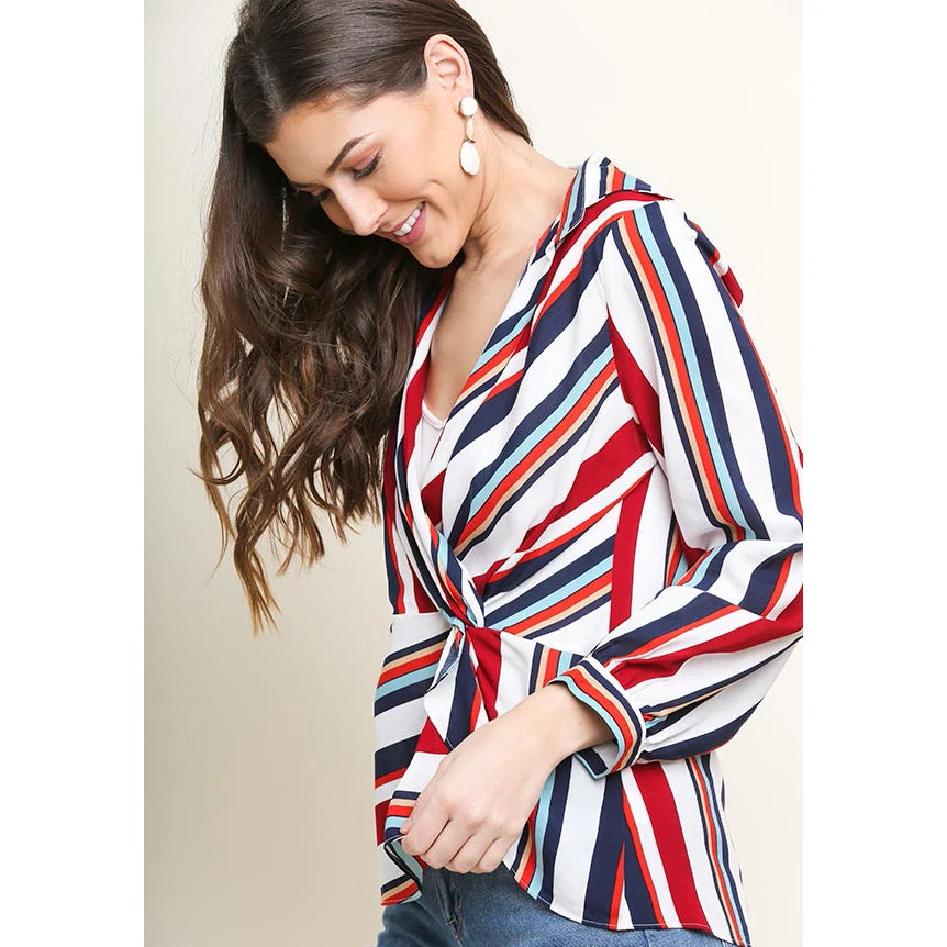 Women's Red, White And Navy Striped Long Sleeve V Neck Shirt 1 Women's Red, White And Navy Striped Long Sleeve V Neck Shirt