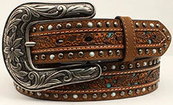 Nocona Women's Floral Pierced Turquoise Underlay Belt 1 Nocona Women's Floral Pierced Turquoise Underlay Belt