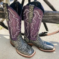 Tanner Mark Women's Rustic Charcoal With Purple Volcano Tops Square Toe Boots